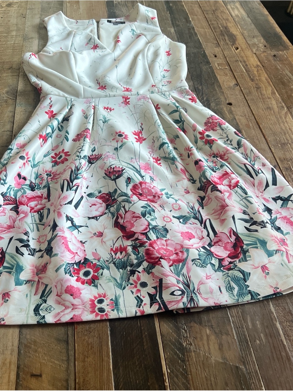KUT off White Floral Fit-and-Flare Dress with Pink Bloom Print
